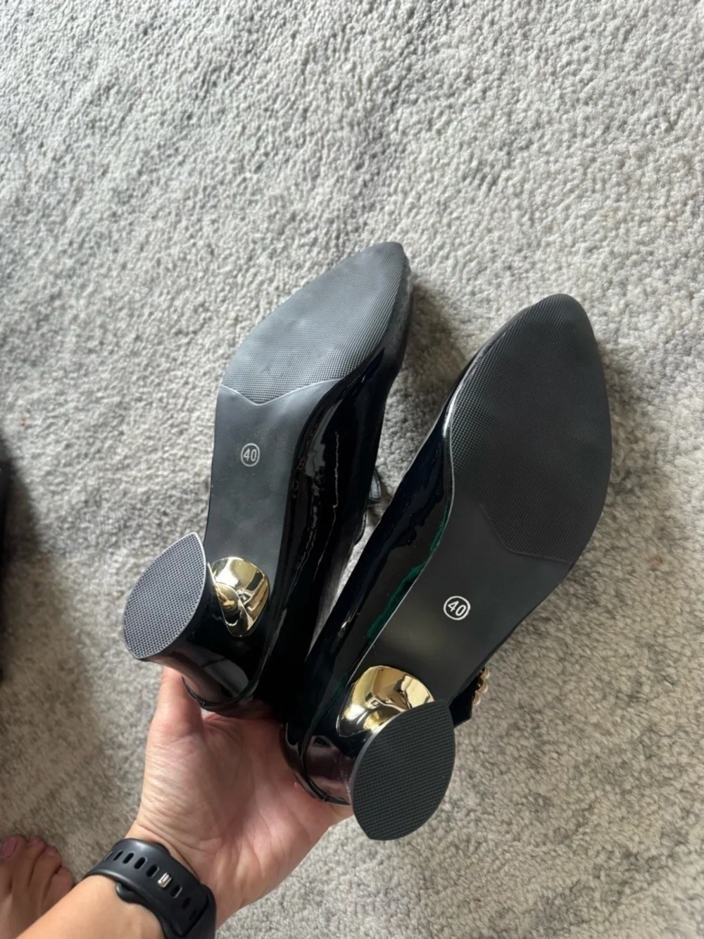 Women’s Black Patent Mary Jane Heels with Pearl Buckle